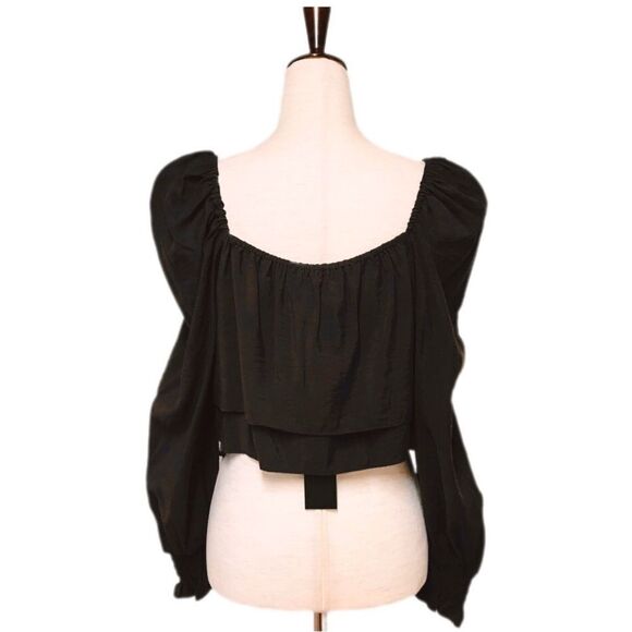 GIANNI BINI Brown Cropped Peasant Blouse Top Puff Sleeve Square Neck Small New - Picture 3 of 11